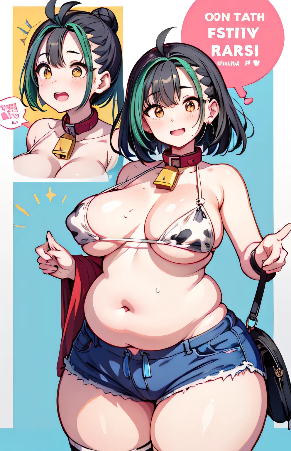 Anime illustration、Highest quality、A short, plump woman with large breasts、Cowbell collar、Holstein daughter、Cow print tube top、hot pants、Cow Pattern Knee Socks、Perfect Proportions、vast ranch、Sunny pasture、Overwhelmingly large breasts、beautiful, Shining Eyes、Cowboy Shot、smile、Excessive sweating、Noise Reduction