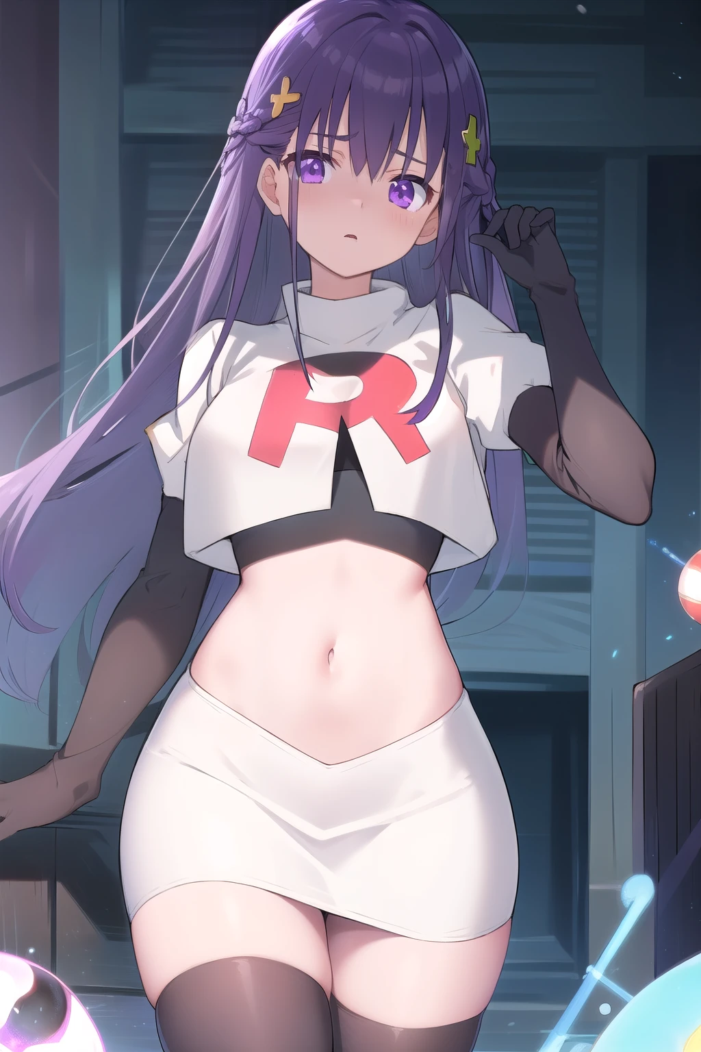 best quality, masterpiece, ElfinePhillet, purple hair, hair ornament, purple eyes, hair clover,scared, glowing magic orbs, team rocket,team rocket uniform,white skirt,red letter R,crop top,black thigh-highs,black elbow gloves