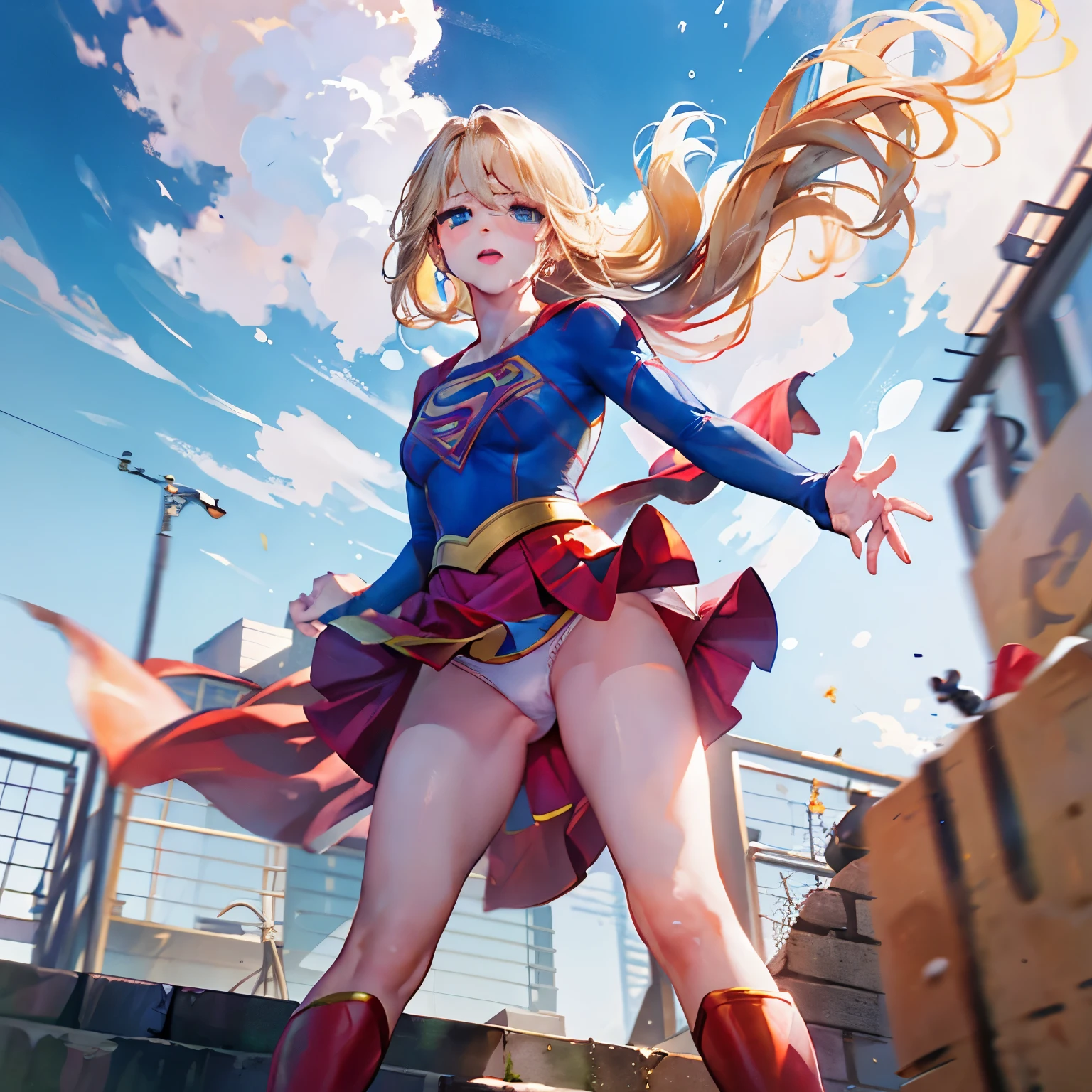 (masterpiece), best quality, expressive eyes, perfect face,(crying Melissa Benoist),((Supergirl open thighs)),((white panties)),(solo),urination,Blonde hair, blue eyes, pink lipstick,shoot from below,puffy nipples,wind from below,clear sky,(up skirt),