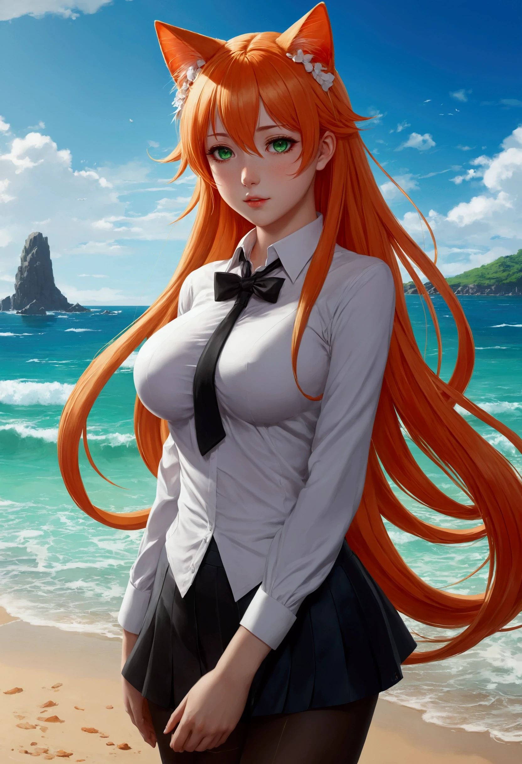 anime girl with long orange hair standing on beach near ocean, green eyes detailed digital anime art, cat ears, , anime girl with long hair, smooth anime cg art, anime girl with long hair, average breast size, digital anime art, artwork in the style of guweiz, beautiful anime portrait, photorealistic anime girl render, beautiful anime girl, advanced digital anime art, pantyhose, guweiz on artstation pixiv upscale HD UHD HQ