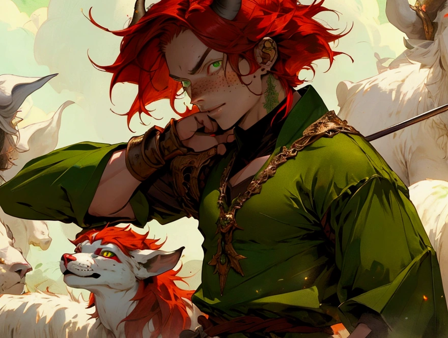 man, adult, young, red hair, green eyes, freckles, medieval fantasy, ram's horns, satyr