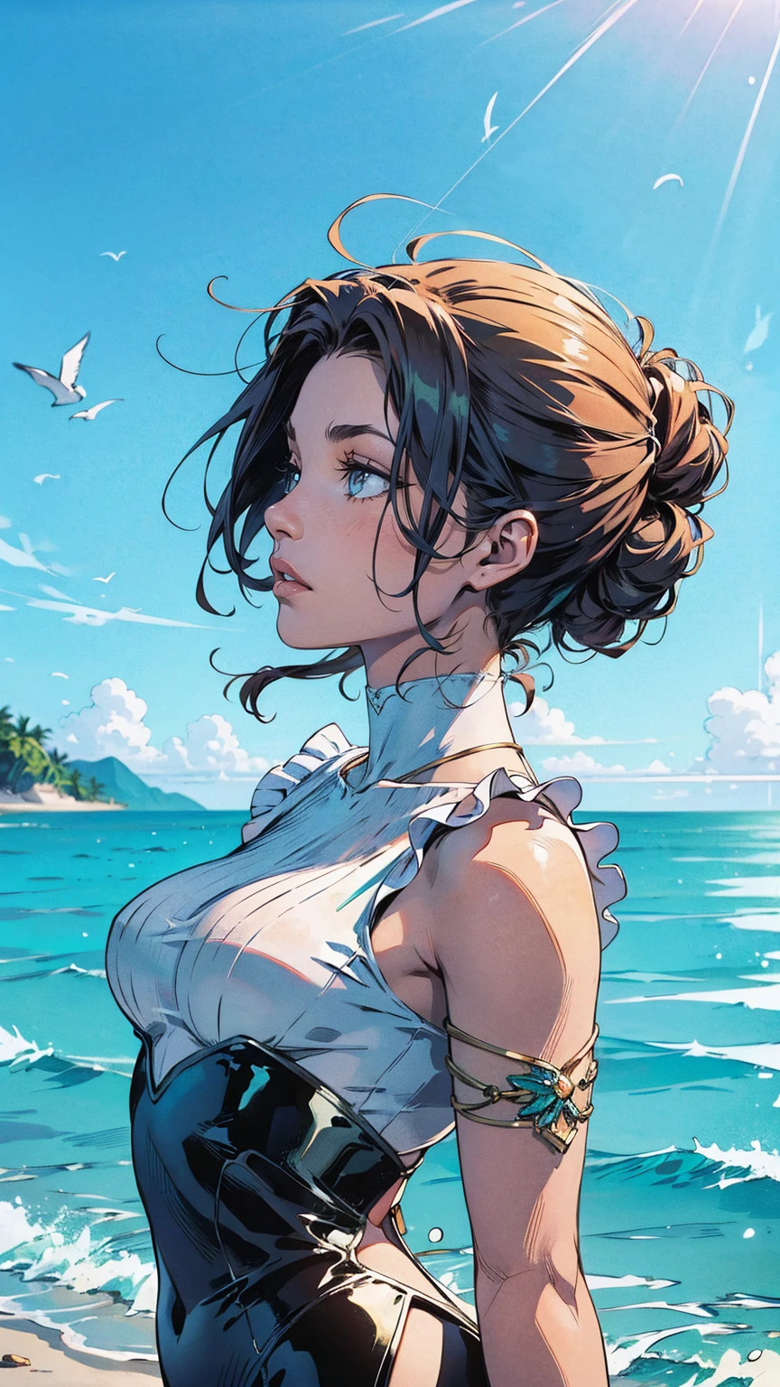 1girl,Beautiful,Magic Style,best quality,masterpiece,(rainbow-candy:0.8),(Half-body:1.3),Ocean,Cool Tone,low saturation,