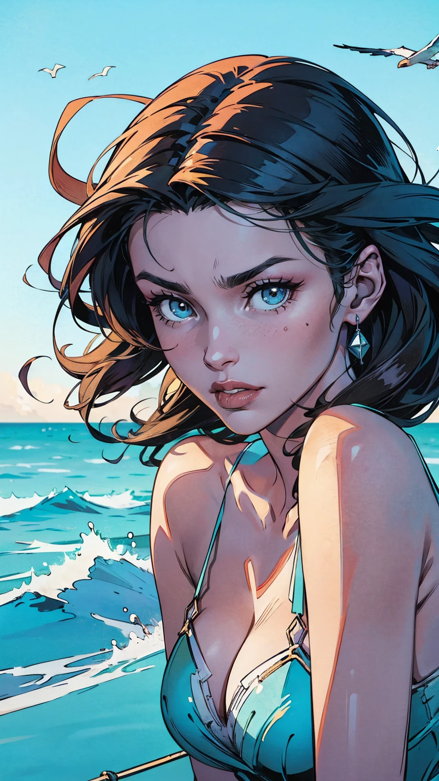 1girl,Beautiful,Magic Style,best quality,masterpiece,(rainbow-candy:0.8),(Half-body:1.3),Ocean,Cool Tone,low saturation,