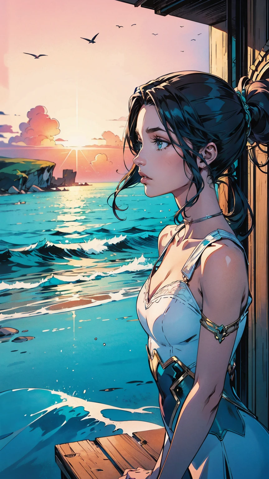 1girl,Beautiful,Magic Style,best quality,masterpiece,(rainbow-candy:0.8),(Half-body:1.3),Ocean,Cool Tone,low saturation,