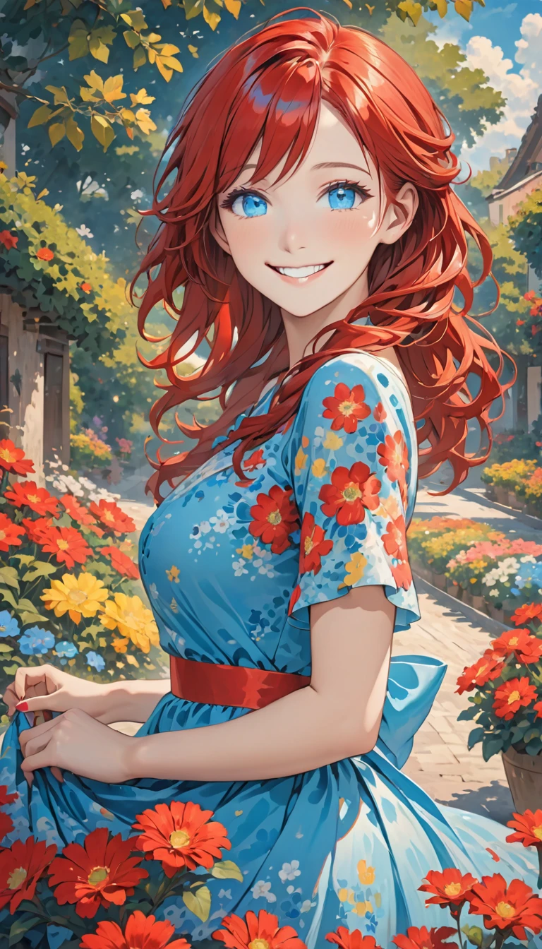 red hair , blue eyes, smile , dress red