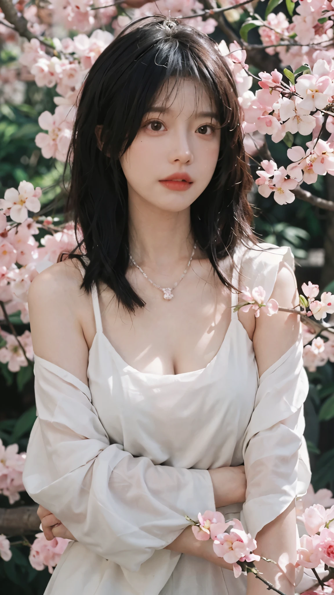 best quality, ultra high resolution, (realistically:1.4), Cute tiara,Baoyu Girl, A pair of clear and charming peach blossom eyes,Royal sister,The sun shines on the face,Double tail,(in the cherry blossom tree:1.4),(necklace:1.2),(White skin:1.4),(Full body female love:1.2)a sense of atmosphere,a beautiful girl,Looking directly at the viewer, Close-up cleavage ,(lifelike:1.4),2 girls,Sexy,(Upper body:1.4),(wet),(:1.2)