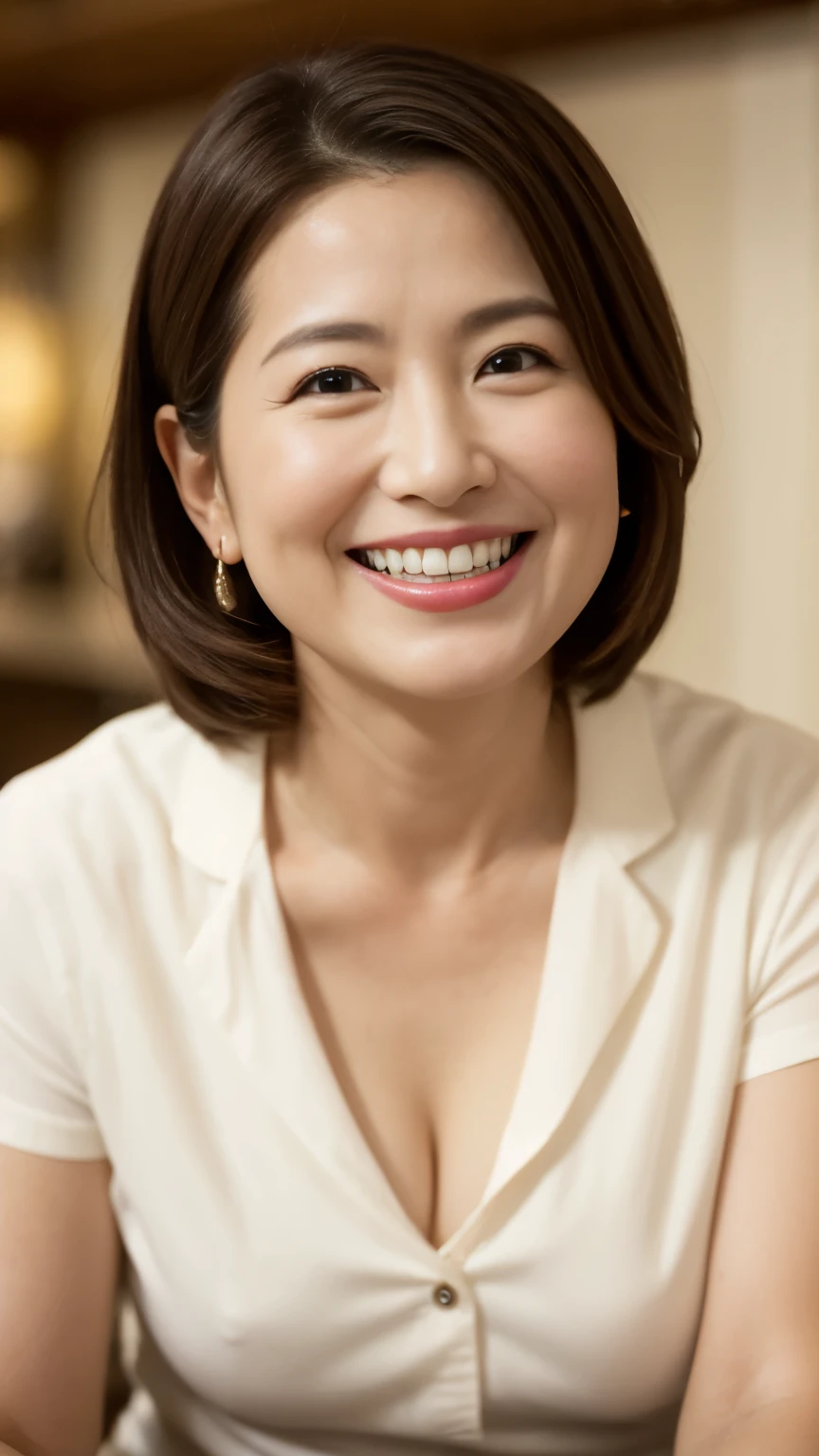 8k wallpaper, masterpiece, Highest quality, Very detailed, One Mature Woman, 50 years old, Become very clear, Wearing a spring-like shirt, Skin dents, Captivating smile, Looking at the audience, Cleavage, Plump, Curvaceous, Attractive face, Smiling with teeth showing, I was happy, sitting in a cafe, Background Blur