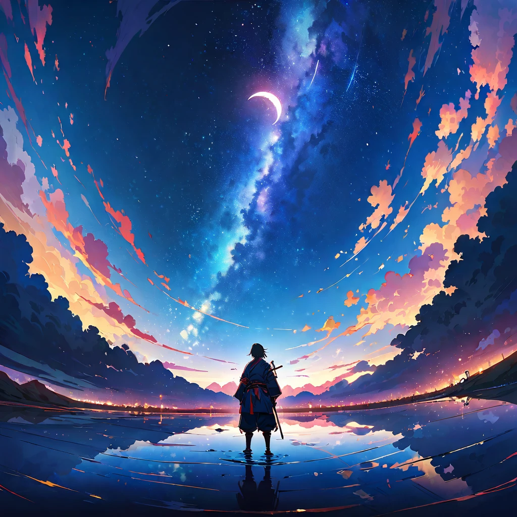 Crescent Moon,Official Art, Integrated 8K wallpapers, Very detailed,  masterpiece, Best image quality，Ultra Wide Angle，night，male,samurai，Standing by the salt lake，The water is like a mirror，Reflecting the sky,Look up at the sky，The Milky Way is in the sky，Dynamic Angle, Grace, Bright colors