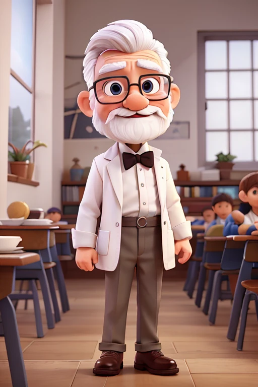 arms raised, little man , standing backwards, shorty, Talking a lot, chatterbox, 70 years old, has white hair, white mustache, white bearded, teacher, wearing white coat and bow tie, wear glasses