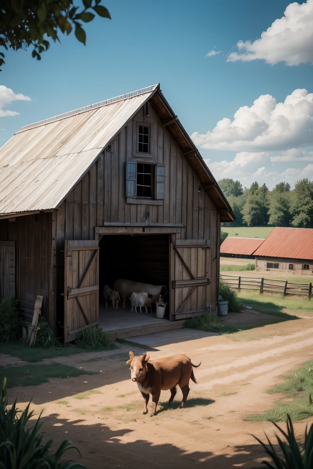 Create arganoid style game background image that is farm style with barn and cute animals in the background