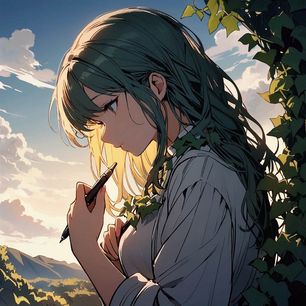 Woman holding a pen, growing ivy, cloudy sky