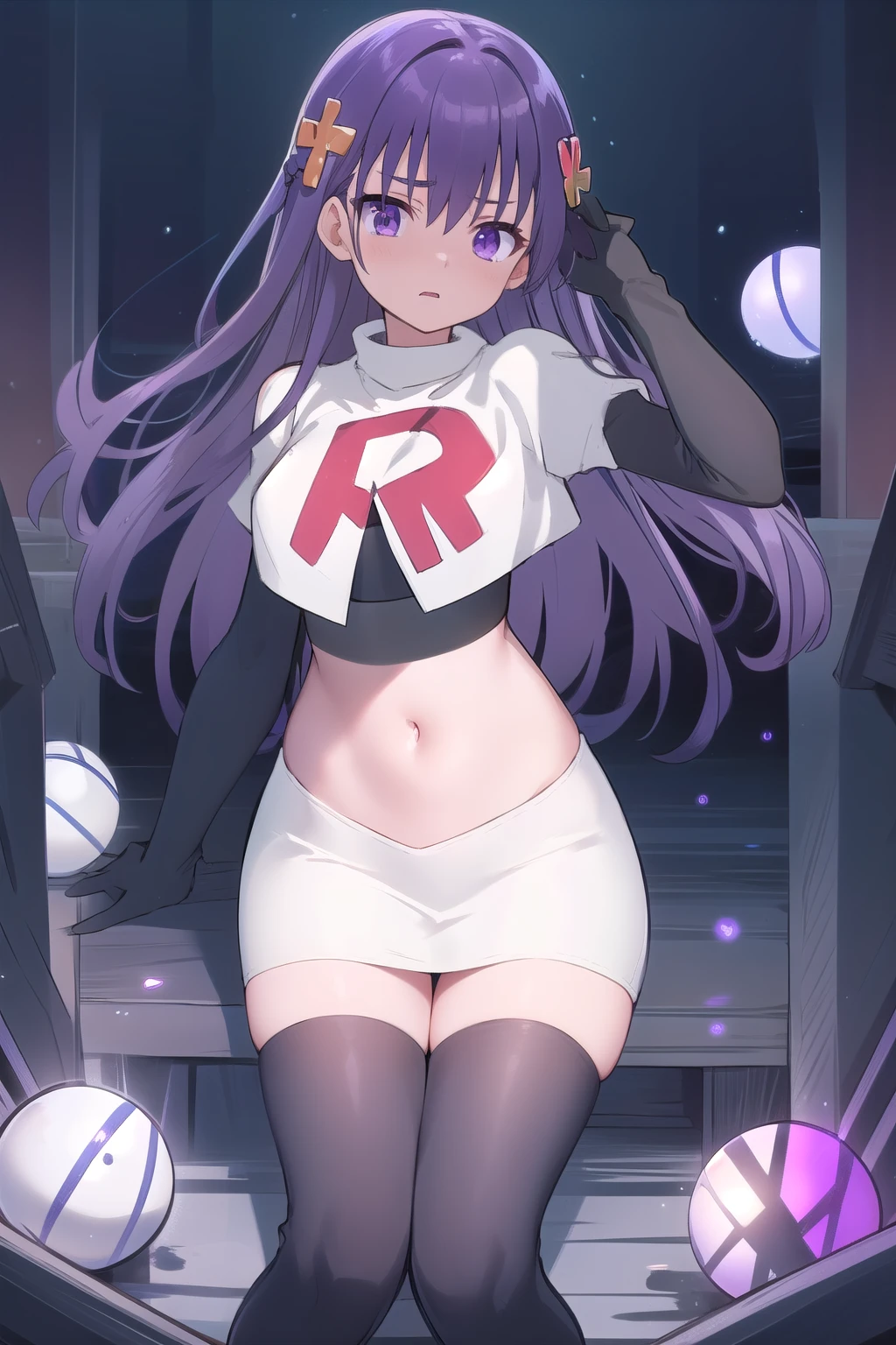 best quality, masterpiece, ElfinePhillet, purple hair, hair ornament, purple eyes, hair clover,scared, glowing magic orbs, team rocket,team rocket uniform,white skirt,red letter R,crop top,black thigh-highs,black elbow gloves