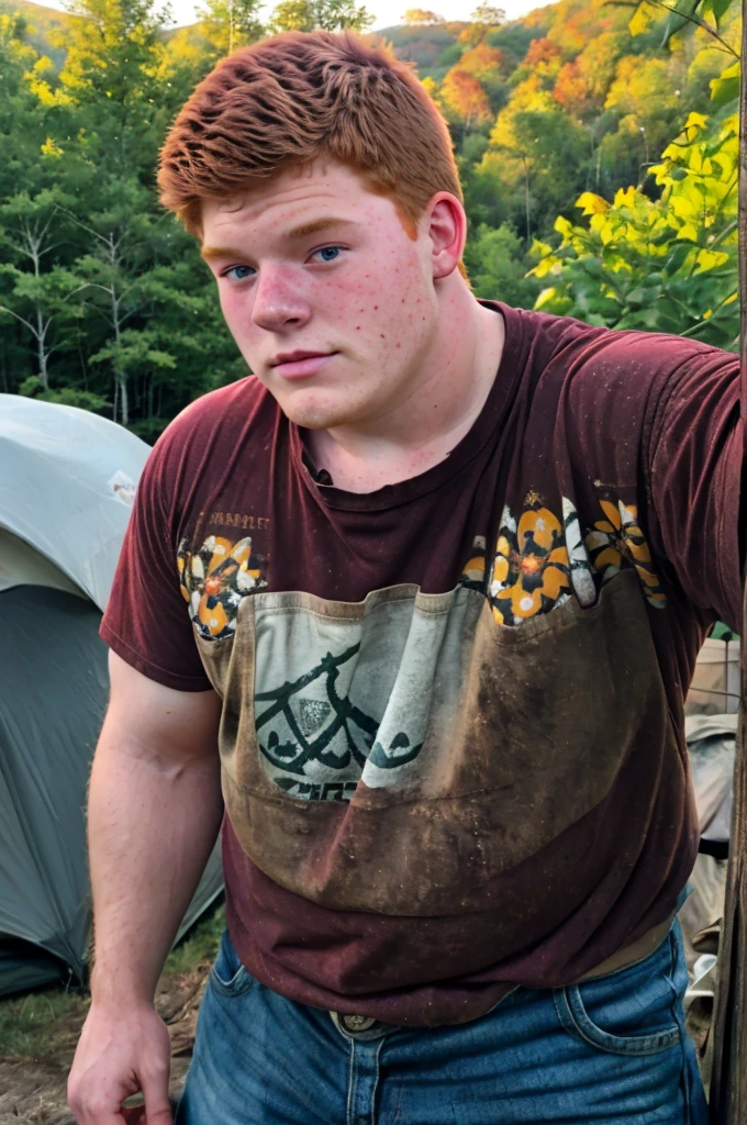 Candid photo of a (bully Appalachian redneck 20yo dg_Dale boy brother:1.1), closeup
dark red hair, t-shirt, detailed, outdoors, очень толстый, гигантский живот, ожирение