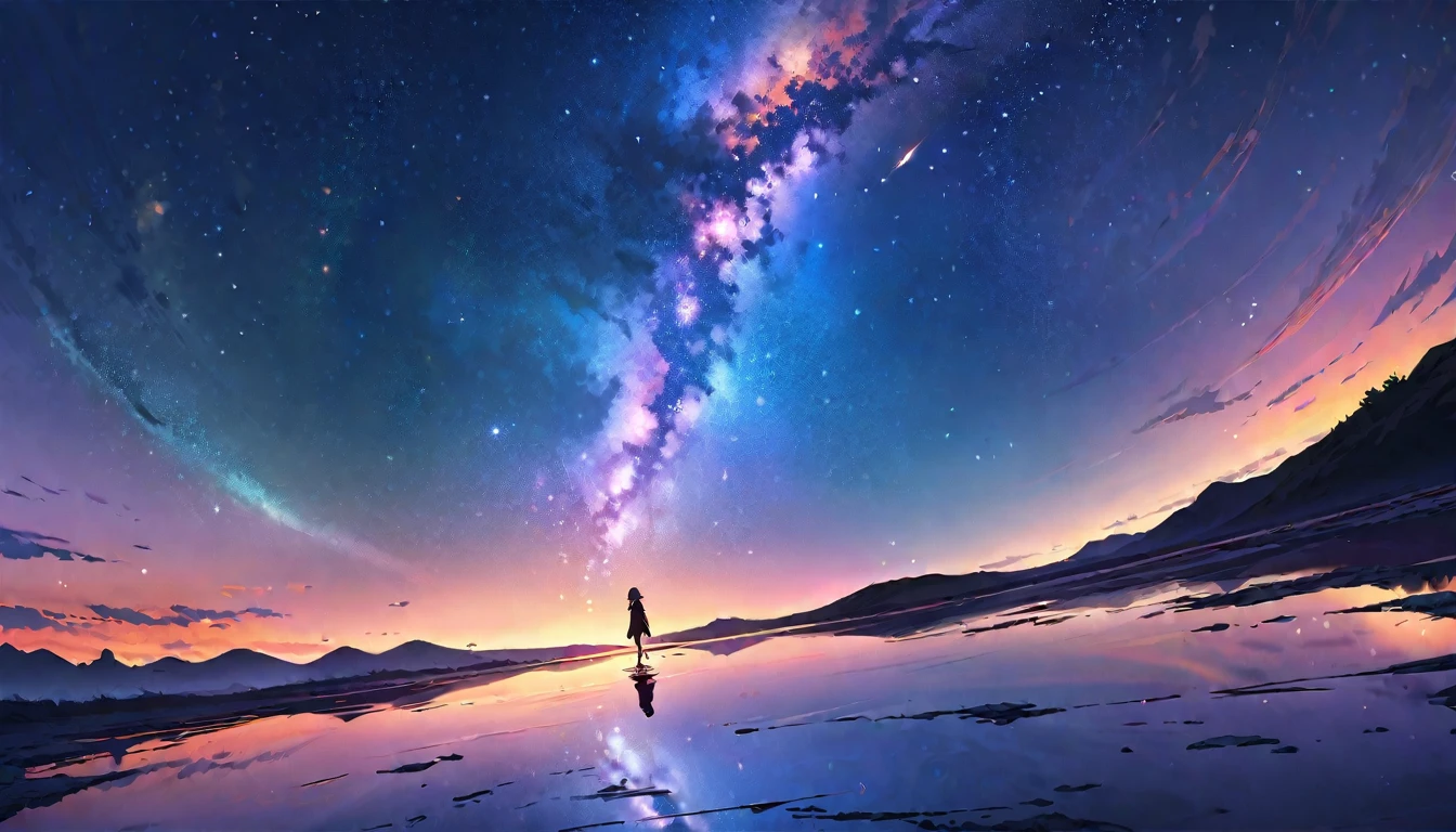 Official Art, Integrated 8K wallpapers, Very detailed,  masterpiece, Best image quality，Ultra Wide Angle，night，woman，Standing by the salt lake，The water is like a mirror，Reflecting the sky。Looking up at the sky，The Milky Way is in the sky，Dynamic Angle, Grace, Bright colors,