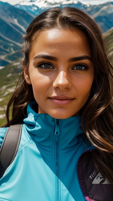 lhr piercing eyes, looking straight, very happy, retrato em close, vibrant detailed face and body photo realistic high contrast mountain scenery hiking clothing natural light wind in hair scenic background