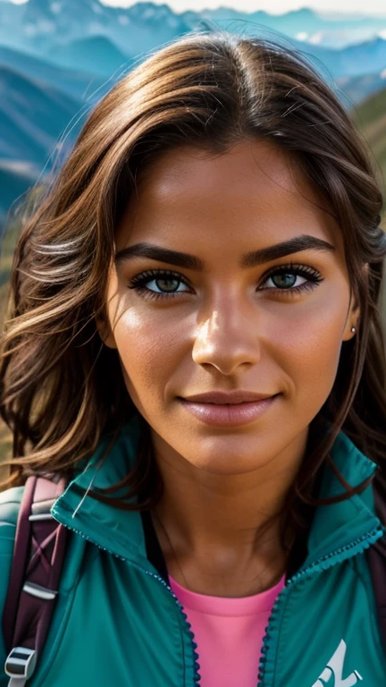 lhr piercing eyes, looking straight, very happy, retrato em close, vibrant detailed face and body photo realistic high contrast mountain scenery hiking clothing natural light wind in hair scenic background