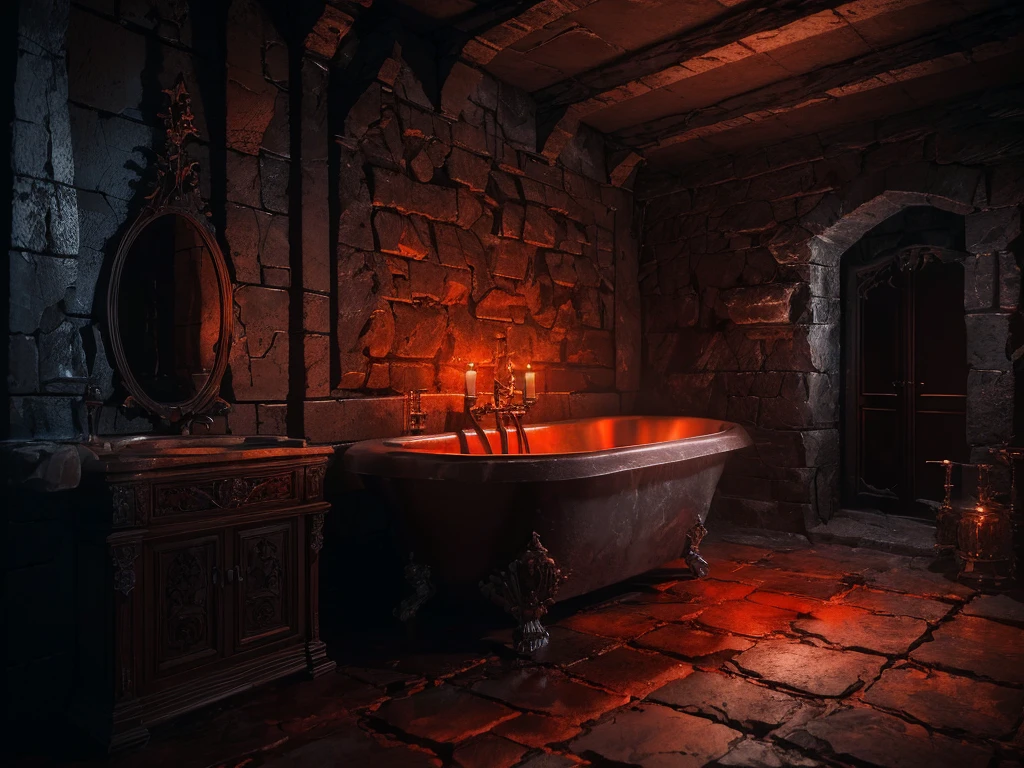 demonic medieval bathroom room with stone and metal furniture, magic inscriptions in lava writing,, dark fantasy atmosphere, (best quality,8k,highres,masterpiece:1.2),ultra-detailed,(realistic,photorealistic,photo-realistic:1.37),dark moody lighting,dramatic shadows,dramatic lighting,intricate details,cinematic composition,dark colors,red and orange tones,hellish environment