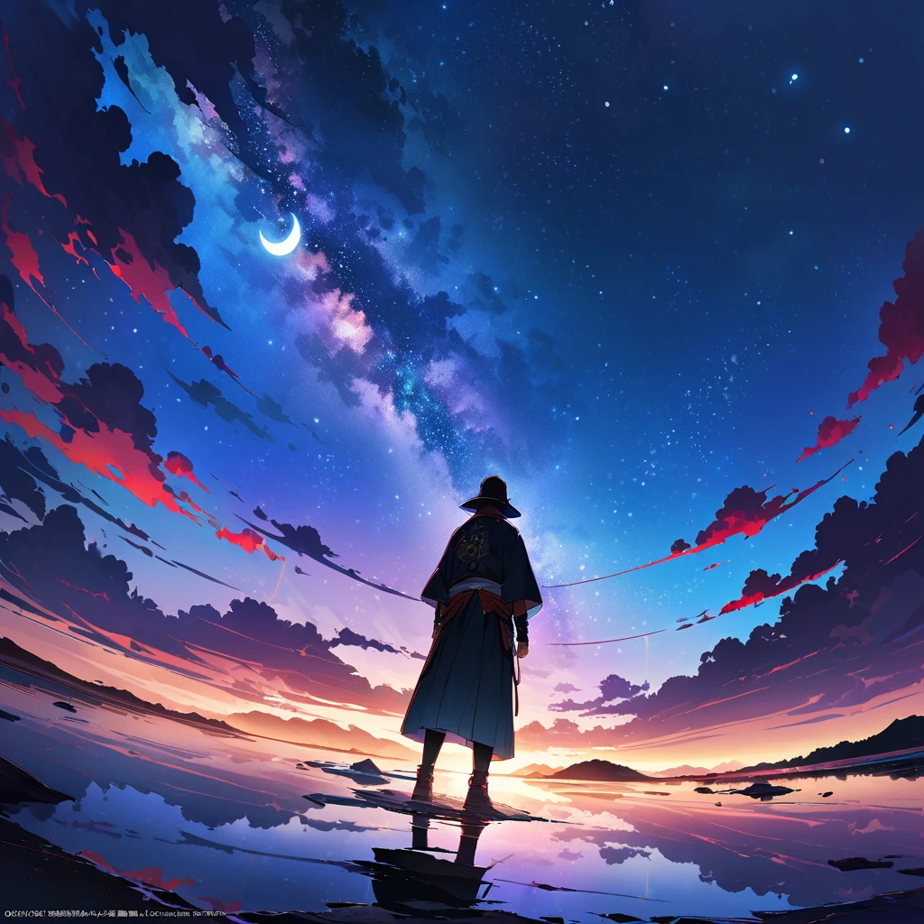 Crescent Moon,Official Art, Integrated 8K wallpapers, Very detailed,  masterpiece, Best image quality，Ultra Wide Angle，night，male,samurai，Standing by the salt lake，The water is like a mirror，Reflecting the sky,Look up at the sky，The Milky Way is in the sky，Dynamic Angle, Grace, Bright colors