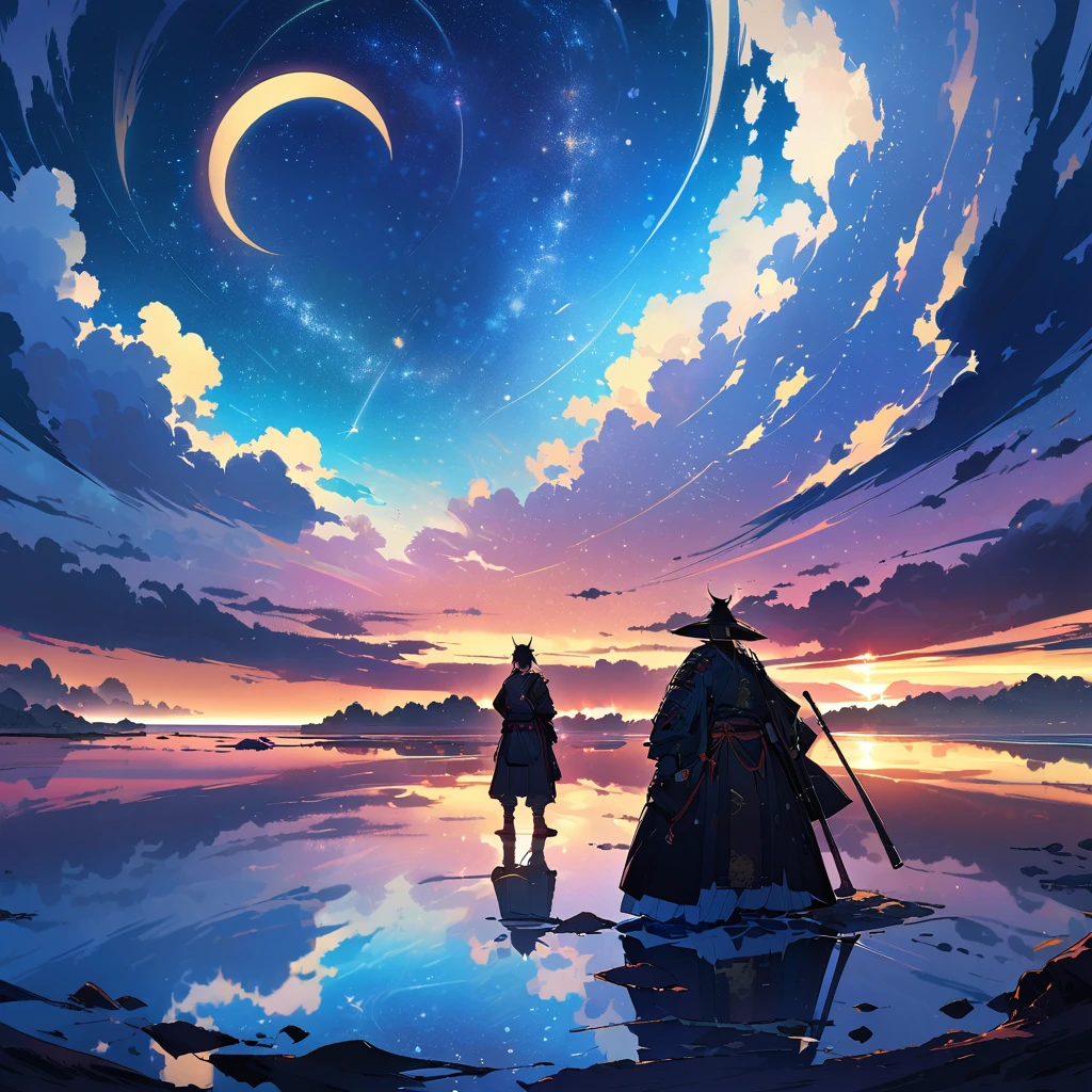 Crescent Moon,Official Art, Integrated 8K wallpapers, Very detailed, masterpiece, Best image quality,Ultra Wide Angle,night,male,samurai,Standing by the salt lake,The water is like a mirror,Reflecting the sky,Look up at the sky,The Milky Way is in the sky,Dynamic Angle, Grace, Bright colors