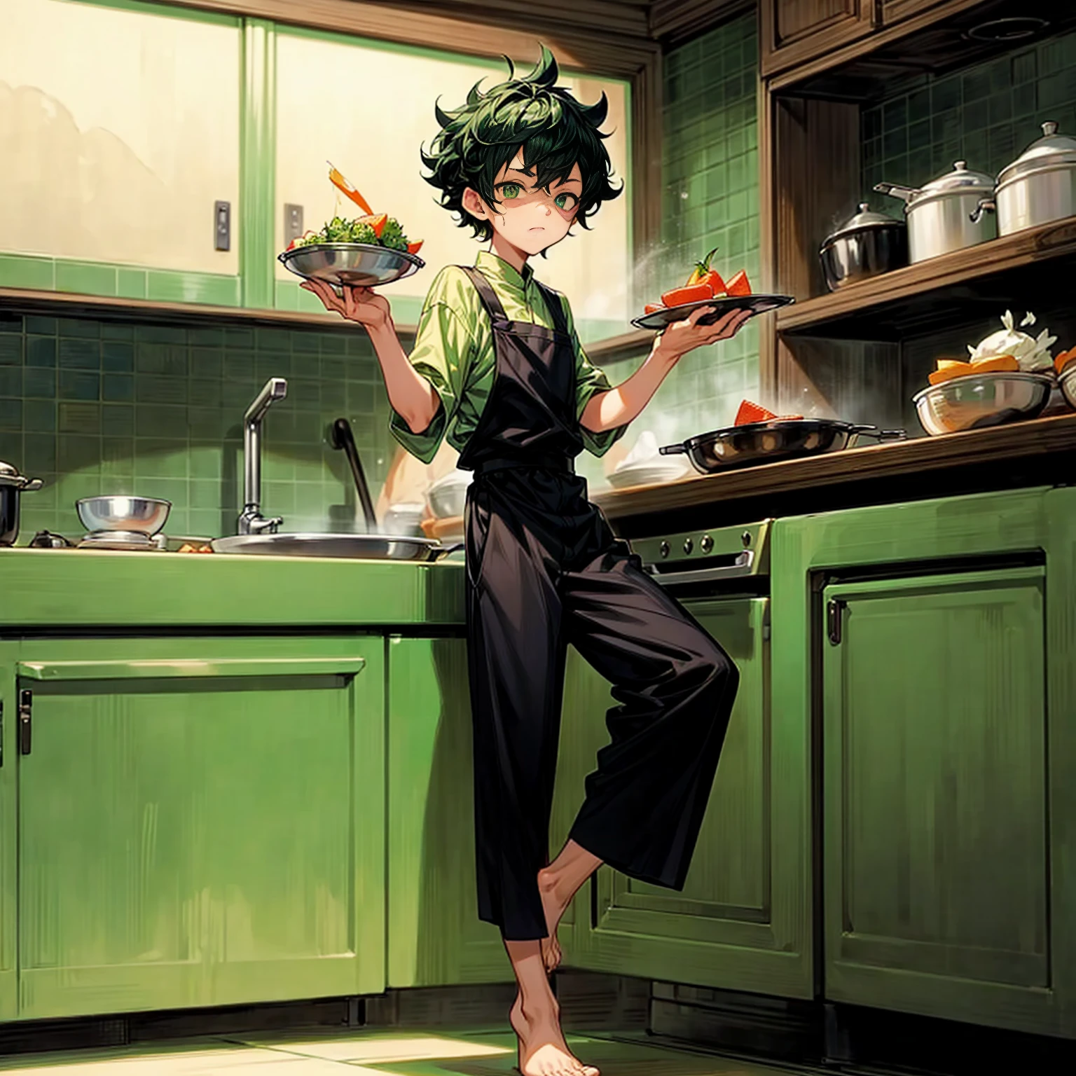 Solo character, full body version, kid boy, his height is short, green eyes, green half black color hair, short Curly haircut, Chef outfit, black pants, no shoes, no shock, detailed background, indoor, town, kitchen, cooking gesture, bleach style art, His face looks like Ichigo