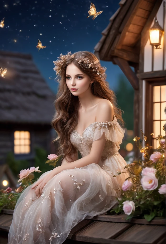 Beautiful fairy gracefully sitting on the roof of a beautiful cottage((high quality)), brown hair beautiful night, sparkling flowers,delicate details, refined details