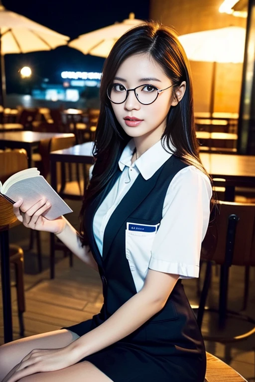 (A gorgeous Chinese lady, age 28, a professional lecturer wearing formal office attire, blazers, short-sleeve white shirt with pockets & buttons, pencil mini-skirt, sitting to read a book in a outdoor cafe,

(geeky, feminine, gentle, friendly), spectacles, #roundeyeware, #glasses, #eyeware, kind smile, dimpled cheeks, cute snaggle-tooth, short ponytail, bob hair trimmed, short straight hair, symmetrical face, beautiful detailed face, bright_and_full_of_warmth_eyes, detailed eyes, ample round ?????, perfect ????????????,

Award-winning, photorealistic, hyper-realism, high contrast, ultra HD, realistic skin textures, top image quality, top-quality, super high resolution, fine details, very meticulously, masterpiece, High angle shot, medium shot, cowboy shot, positive affirmation, serene ambience, bokeh night background, SFW)