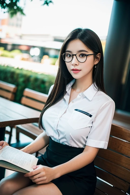 ((highest quality)), ((masterpiece)), (be familiar with), perfect face, double eyelid, (beautiful eyes, wearing glasses), ((looking at the viewer)), middle hair, brown hair, straight hair, (black suit, Tight Skirt), beautiful breasts, (You can see a little cleavage:0.8), garden, ((Lots of cherry blossoms in the background, Cherry tree in full bloom)), (The whole body is reflected:1.2)