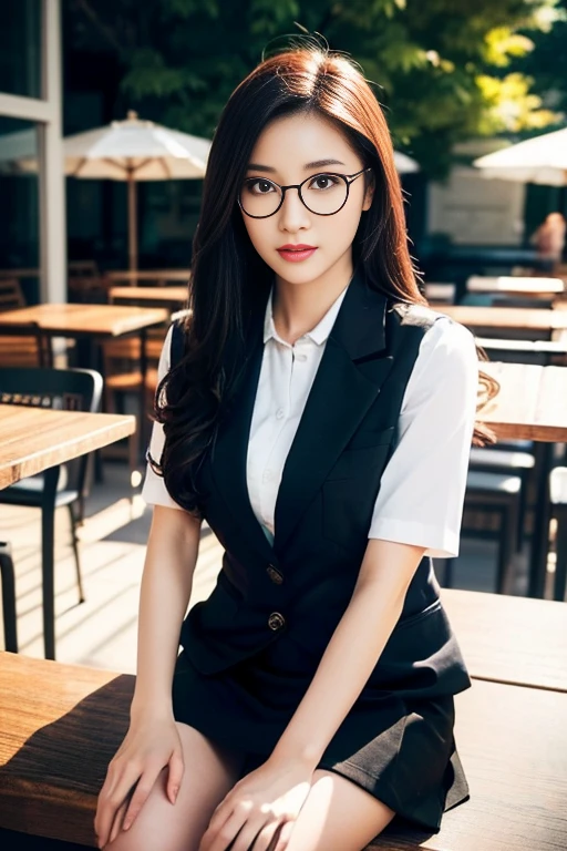 (A gorgeous Chinese lady, age 28, professional lecturer & A.I enthusiast, wearing formal office attire, blazers, short-sleeve white shirt with pockets & buttons, pencil mini-skirt, sitting on a chair, to write on her diary, in an outdoor coffee cafe,
(geeky, feminine, gentle, friendly, goofy, ), spectacles, #roundeyeware, #glasses, #eyeware, kind smile, dimpled cheeks, cute snaggle-tooth, ponytail, bob hair trimmed, short hair, symmetrical face, beautiful detailed face, bright_and_full_of_warmth_eyes, detailed eyes, ample round ?????, perfect ????????????,
Award-winning, photorealistic, hyper-realism, high contrast, ultra HD, realistic skin textures, top image quality, top-quality, super high resolution, fine details, very meticulously, Vivid Colours, masterpiece, High angle shot, medium shot, cowboy shot, positive affirmation, serene ambience, bokeh night background, SFW)