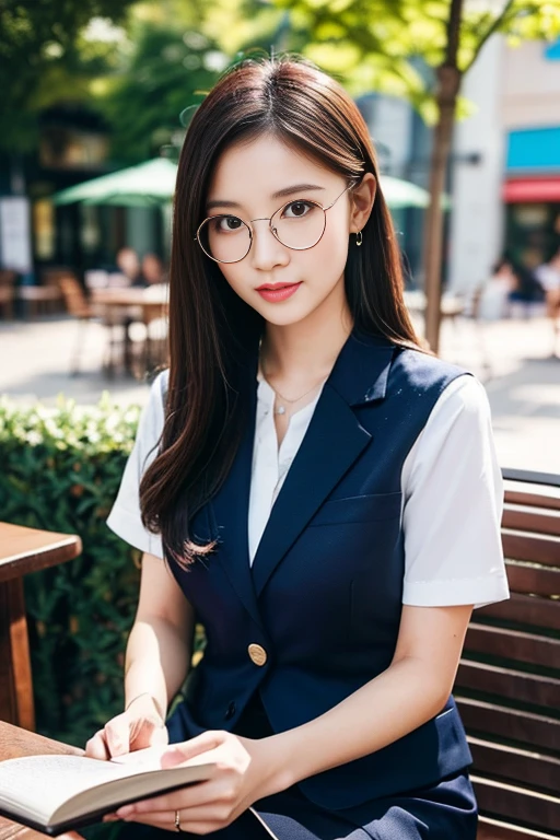 (A gorgeous Chinese lady, age 28, a professional lecturer wearing formal office attire, blazers, short-sleeve white shirt with pockets & buttons, pencil mini-skirt, sitting to read a book in a outdoor cafe,
(geeky, feminine, gentle, friendly), spectacles, #roundeyeware, #glasses, #eyeware, kind smile, dimpled cheeks, cute snaggle-tooth, short ponytail, bob hair trimmed, short straight hair, symmetrical face, beautiful detailed face, bright_and_full_of_warmth_eyes, detailed eyes, ample round bosom, perfect body anatomy,
Award-winning, photorealistic, hyper-realism, high contrast, ultra HD, realistic skin textures, top image quality, top-quality, super high resolution, fine details, very meticulously, masterpiece, High angle shot, medium shot, cowboy shot, positive affirmation, serene ambience, bokeh night background, SFW)