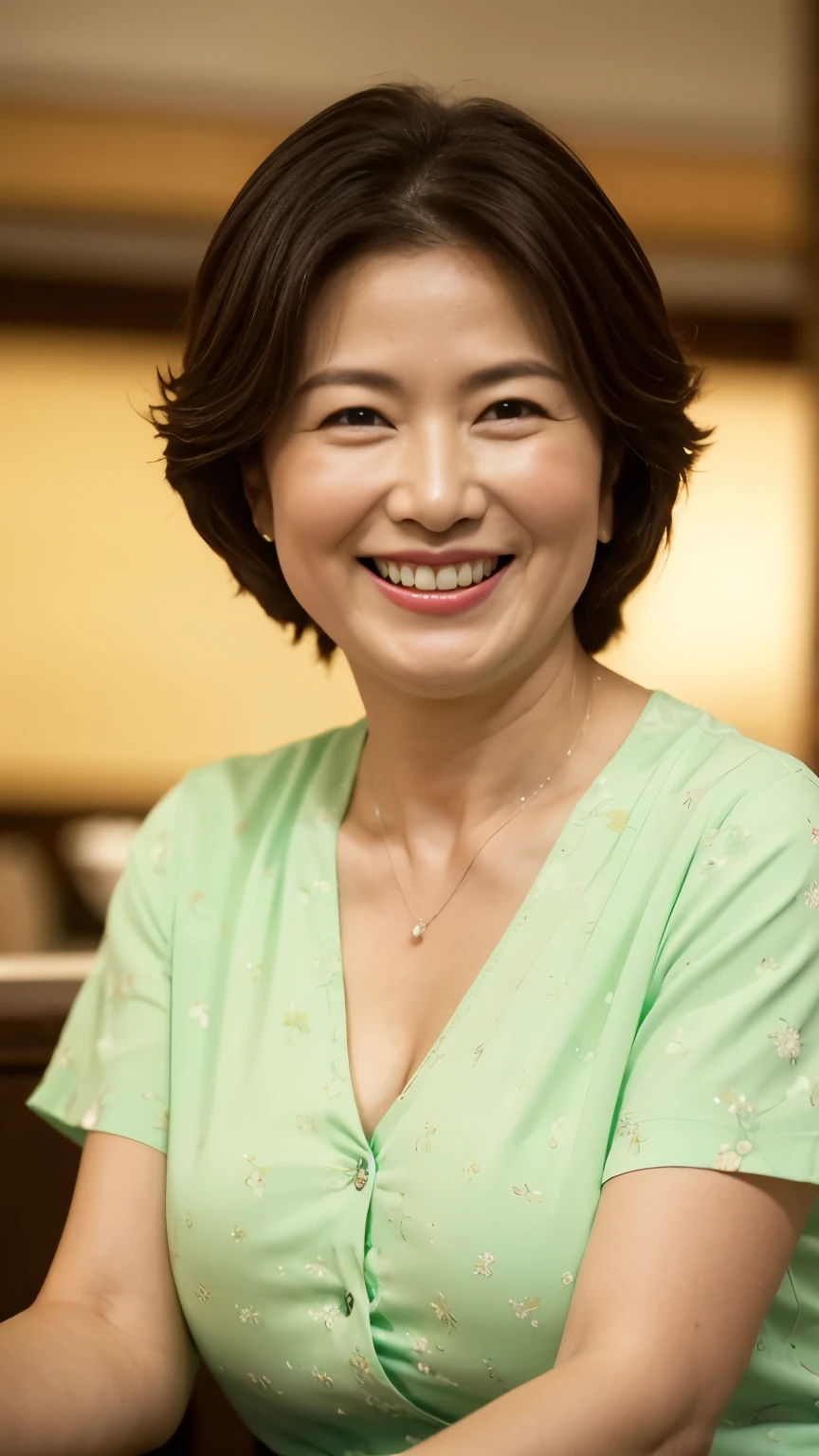 8k wallpaper, masterpiece, Highest quality, Very detailed, One Mature Woman, 50 years old, Become very clear, Wearing a spring-like shirt, Skin dents, Captivating smile, Looking at the audience, Cleavage, Plump, Curvaceous, Attractive face, Smiling with teeth showing, I was happy, sitting in a cafe, Background Blur
