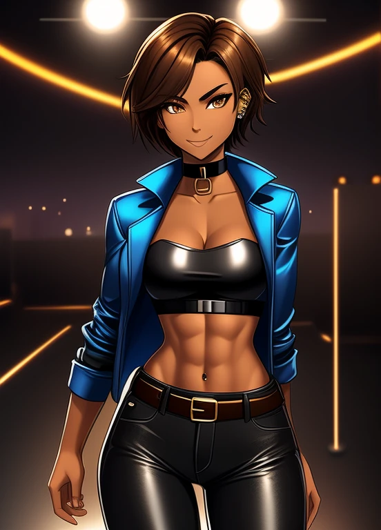 high quality, extremely detailed, perfect face, 1girl, solo, 26 years old, tomboy, (shiny skin), midriff, (tan-bronze skin), (Amber colored irises), short brown hair, medium breasts, (Cleavage), narrow waist, (Wearing: blue jacket, choker, Strapless black top, Belt, Black leather pants),  tight fitting clothing, piercings, toned,  hourglass figure, athletic,  snarky expression, wide smile, at rave, nightclub, 
