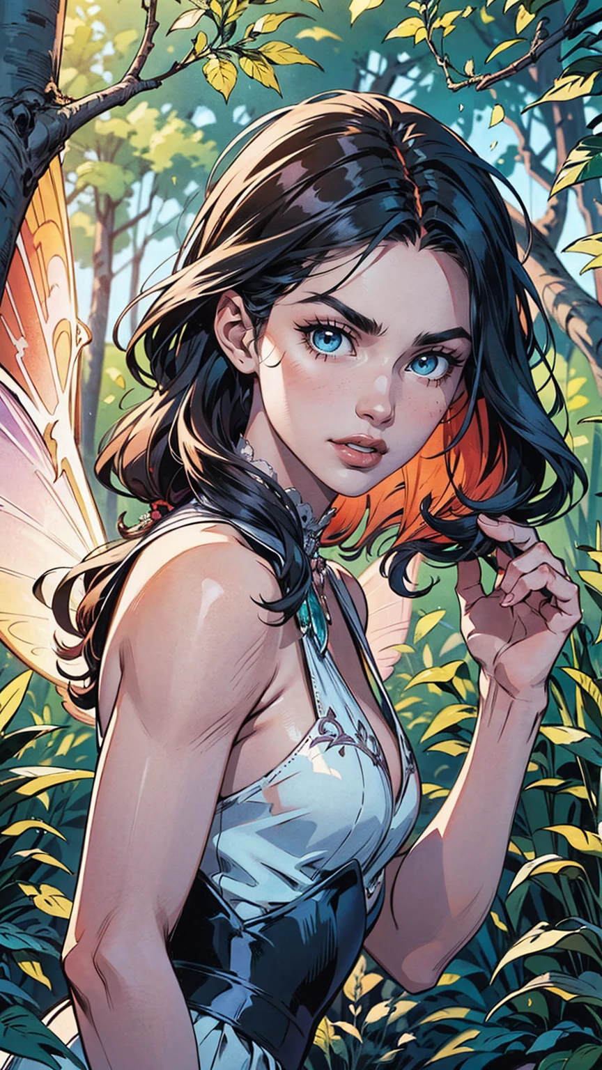 Make a picture where a beautiful fairy with flirty eyes is bound. She is wearing a sheer skirt with a grayish sheen. The fairy is the focal point of the image, with delicate features and an ethereal presence. The scene is set in a mystical forest, with sunlight filtering through the leaves, creating a magical atmosphere. The colors in the image are vibrant and enchanting, with a mix of soft pastels and vibrant jewel tones. The fairy's wings are translucent and shimmer with iridescent hues. Her pose is alluring, with a slight tilt of her head and a mischievous smile on her lips. The details of her flowing hair and the intricate patterns on her wings are meticulously rendered, creating an ultra-detailed and realistic portrayal. The overall image quality is of the highest standard, with a resolution of 4K or higher. The lighting in the scene is soft and diffused, accentuating the fairy's beauty and creating a dreamlike ambiance. The prompt captures the essence of a magical and captivating artwork, combining the elements of fantasy, beauty, and allure.