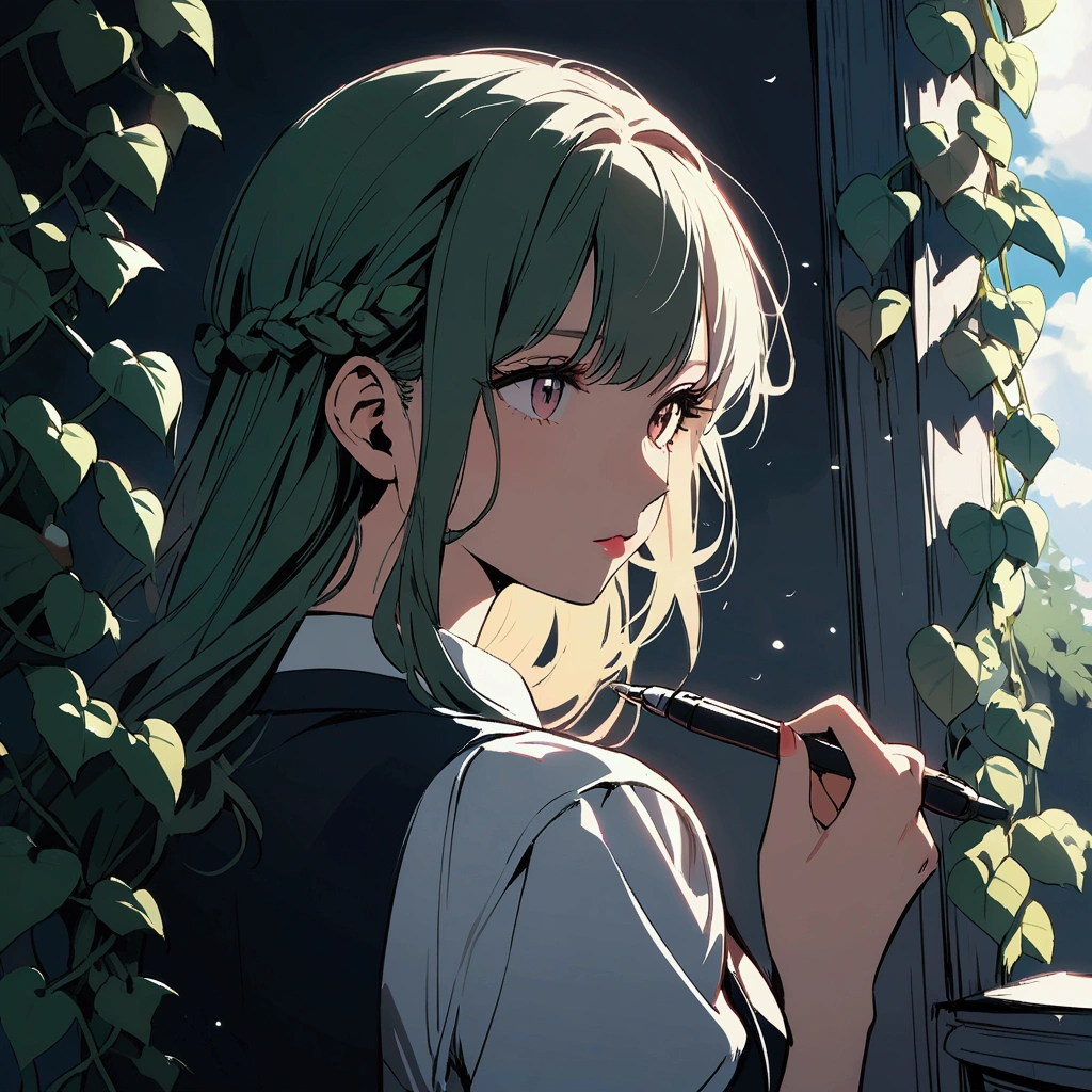 Woman holding a pen, growing ivy, cloudy sky