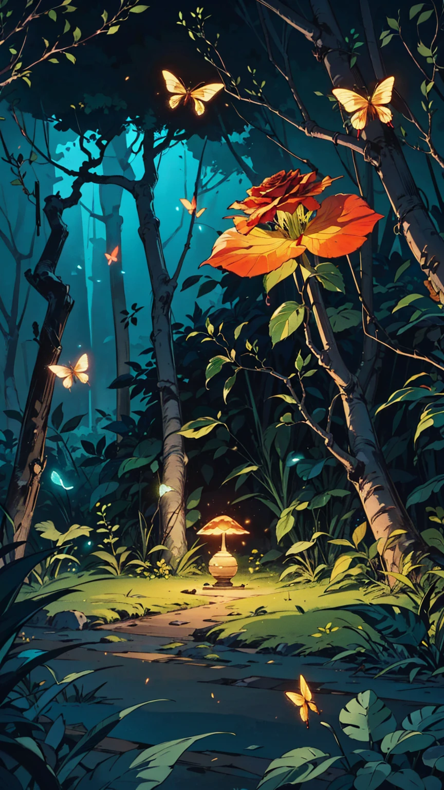 Fantasy in crystals, "ethereal roses, cute slime animals, glowing little mushrooms surrounded by delicate leaves and branches, and fireflies and glowing particle effects", (natural elements), (jungle theme), (leaves), (branches), (fireflies), butterflies, (delicate leaves), (glow), (particle effects), super realistic, super detailed, dramatic lightning, 4k, masterpiece,