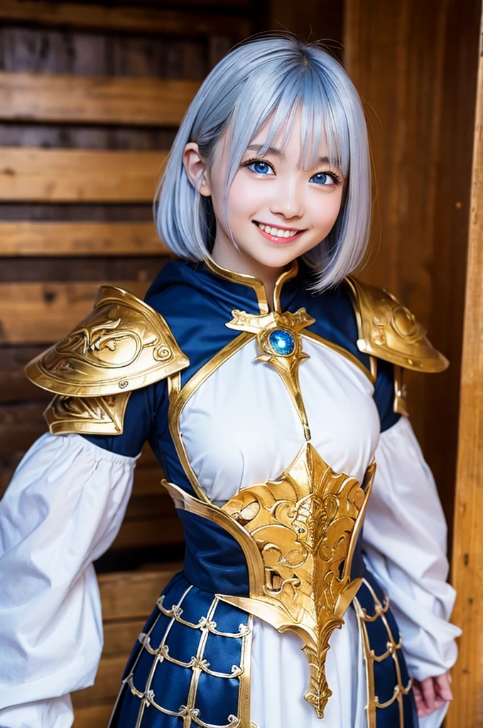 Ultra HD、Ultra-clear、8k、Beautiful Dragon Girl、White skin、blue eyes、Silver Hair、smile、A holy warrior covered in golden armor
