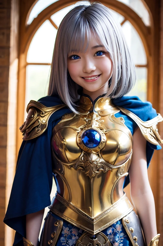 Ultra HD、Ultra-clear、8k、Beautiful Dragon Girl、White skin、blue eyes、Silver Hair、smile、A holy warrior covered in golden armor