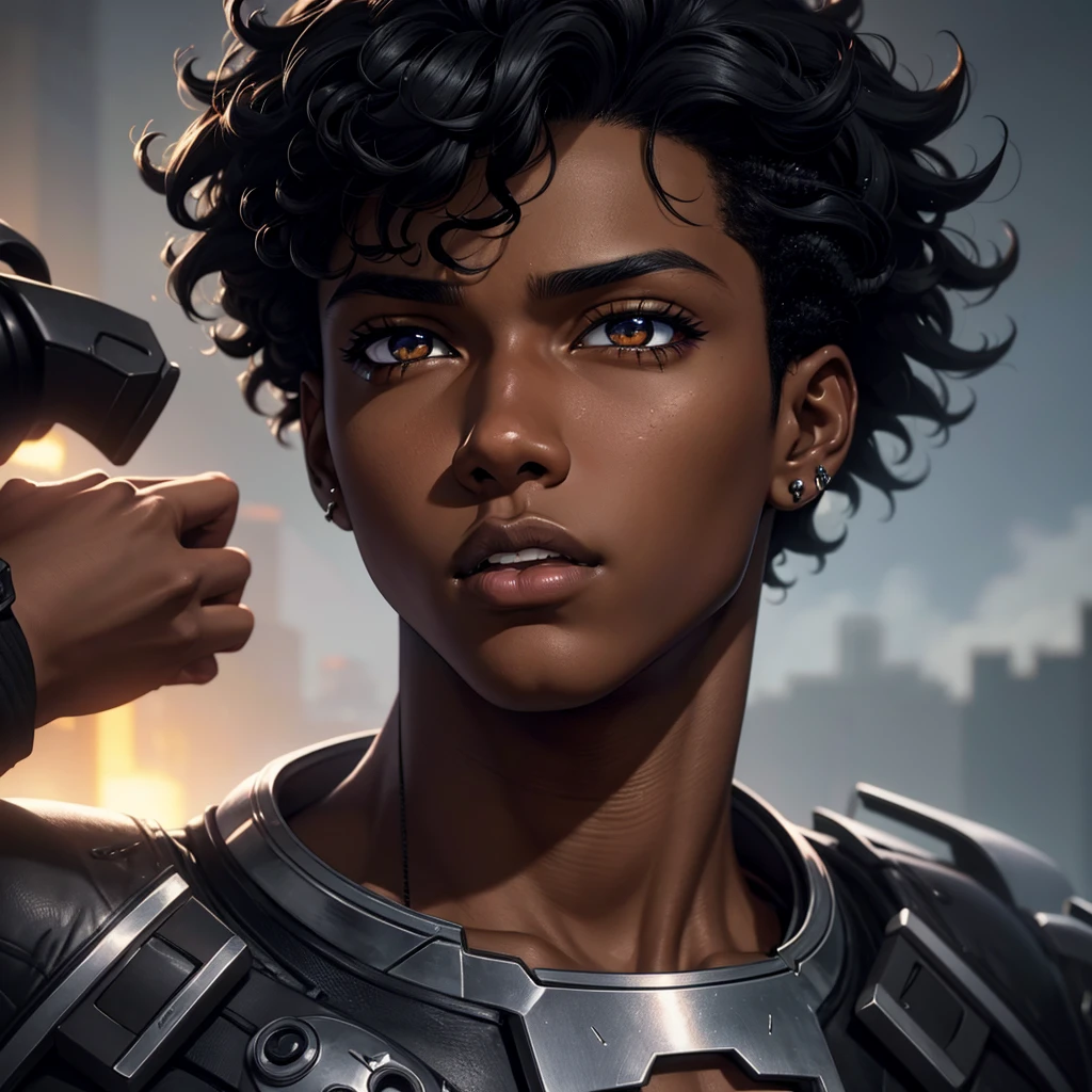 A black teenage boy, anime style, dark skin, short curly hair, black eyes, earring, extremely detailed face, detailed eyes and lips, dramatic lighting, cinematic scene, dynamic pose, vibrant colors, digital art, 8k, hyper realistic, photorealistic