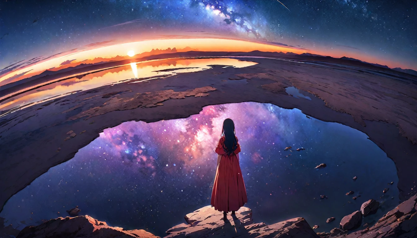 Official Art, Integrated 8K wallpapers, Very detailed, masterpiece, Best image quality,Ultra Wide Angle,night,woman,Standing by the salt lake,The water is like a mirror,Reflecting the sky。Looking up at the sky,The Milky Way is in the sky,Dynamic Angle, Grace, Bright colors,
