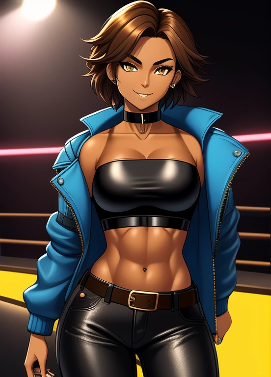 high quality, extremely detailed, perfect face, 1girl, solo, 26 years old, tomboy, (shiny skin), midriff, (tan-bronze skin), (Yellow colored irises), short brown hair, medium breasts, (Cleavage), (Wearing: blue jacket, choker, Strapless black top, Belt, Black leather pants), tight fitting clothing, piercings, toned, hourglass figure, athletic, snarky expression, wide smile, at rave, nightclub,
