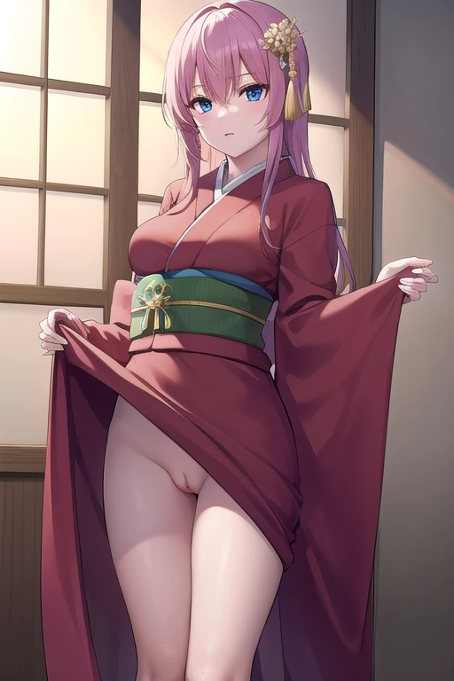 kayosudou, kayo sudou, blue eyes, pink hair, long hair, BREAK flower, flowes, green sash, hair ornament, japanese clothes, kimono, obi, red kimono, sash,
BREAK cowboy shot, looking at viewer, (dress lift, bare legs, nsfw, pussy:1.2),
BREAK indoors,
BREAK (masterpiece:1.2), best quality, high resolution, unity 8k wallpaper, (illustration:0.8), (beautiful detailed eyes:1.6), extremely detailed face, perfect lighting, extremely detailed CG, (perfect hands, perfect anatomy),