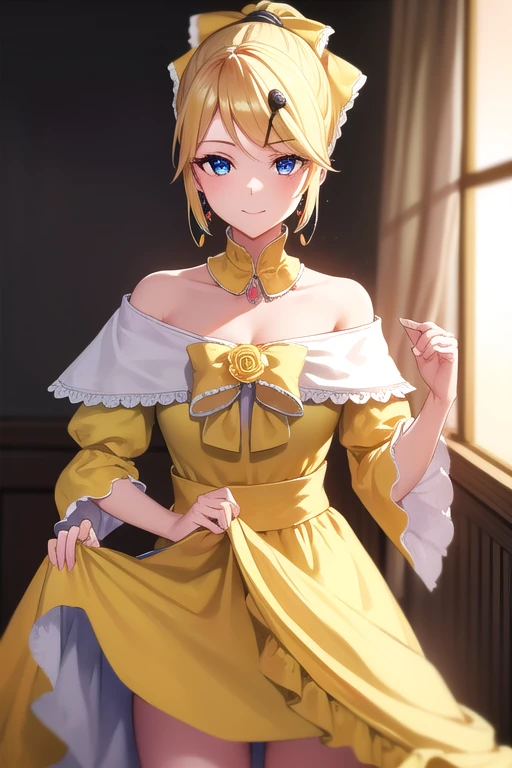 riliane, riliane, blonde hair, blue eyes, ponytail, short hair, parted bangs, smile, grin, BREAK bow, bracelet, dangle earrings, detached collar, dress, (yellow dress:1.5), dress bow, earrings, flower, flower brooch, frilled dress, frills, gown, hair bow, hair ornament, hairclip, jewelry, long sleeves, necklace, off shoulder, off-shoulder dress, pendant, sash, wide sleeves,
BREAK cowboy shot, looking at viewer,  (dress lift, bare legs, nsfw, pussy:1.2),
BREAK indoors,
BREAK (masterpiece:1.2), best quality, high resolution, unity 8k wallpaper, (illustration:0.8), (beautiful detailed eyes:1.6), extremely detailed face, perfect lighting, extremely detailed CG, (perfect hands, perfect anatomy),