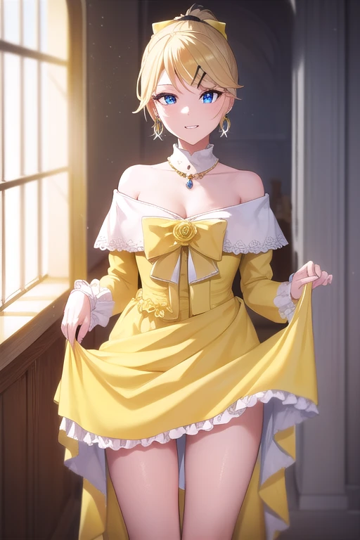 riliane, riliane, blonde hair, blue eyes, ponytail, short hair, parted bangs, smile, grin, BREAK bow, bracelet, dangle earrings, detached collar, dress, (yellow dress:1.5), dress bow, earrings, flower, flower brooch, frilled dress, frills, gown, hair bow, hair ornament, hairclip, jewelry, long sleeves, necklace, off shoulder, off-shoulder dress, pendant, sash, wide sleeves,
BREAK cowboy shot, looking at viewer,  (dress lift, bare legs, nsfw, pussy:1.2),
BREAK indoors,
BREAK (masterpiece:1.2), best quality, high resolution, unity 8k wallpaper, (illustration:0.8), (beautiful detailed eyes:1.6), extremely detailed face, perfect lighting, extremely detailed CG, (perfect hands, perfect anatomy),