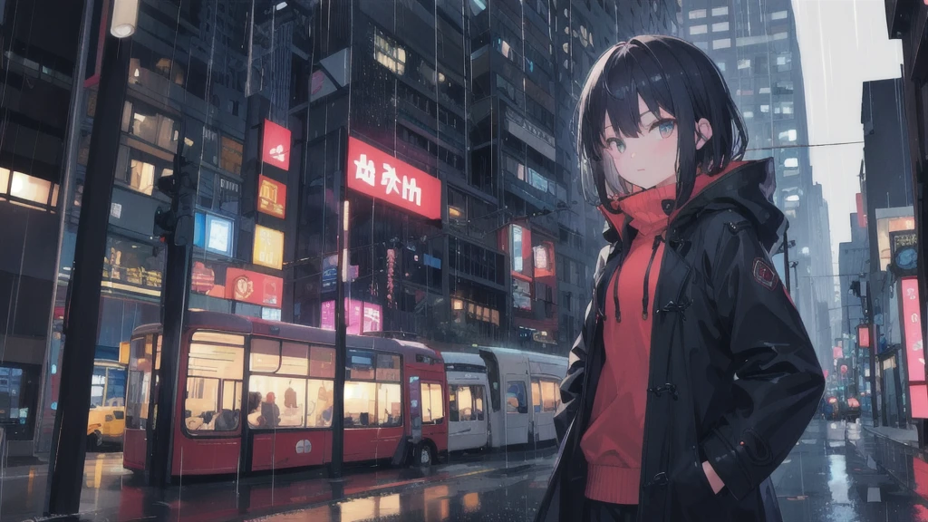 1 girl,night city,rain,coat,hands in pocket
