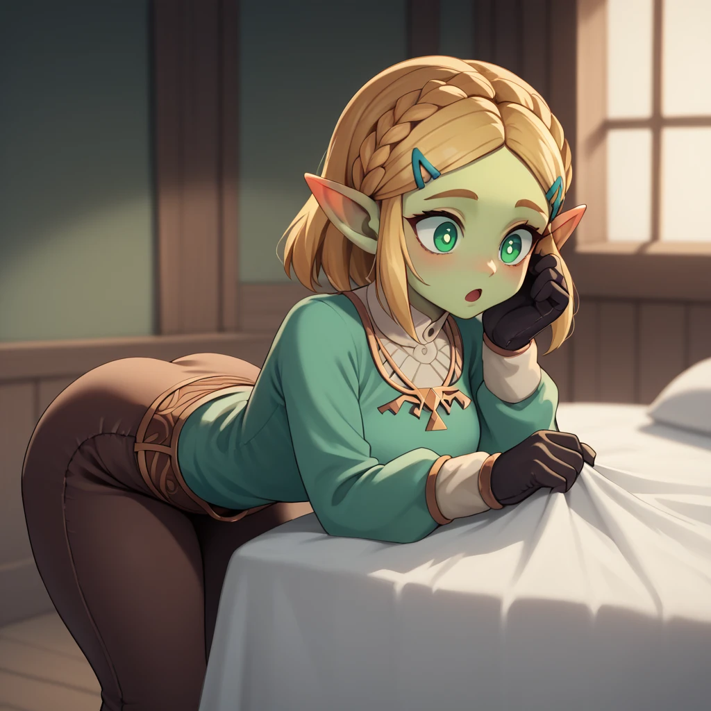 High resolution, Very detailed, perfect lighting, beautiful detailed eyes,   ((masterpiece,Best Quality)), absurdities, alone,     princess zelda as a green skinned goblin, by the width, crown braid, Hair clip, pointy ears, Green shirt, long sleeves, Gloves without fingers, black gloves, Brown leather pants, tight pants, surprised, curves, nod,  bending over her bed, very green skin tone
