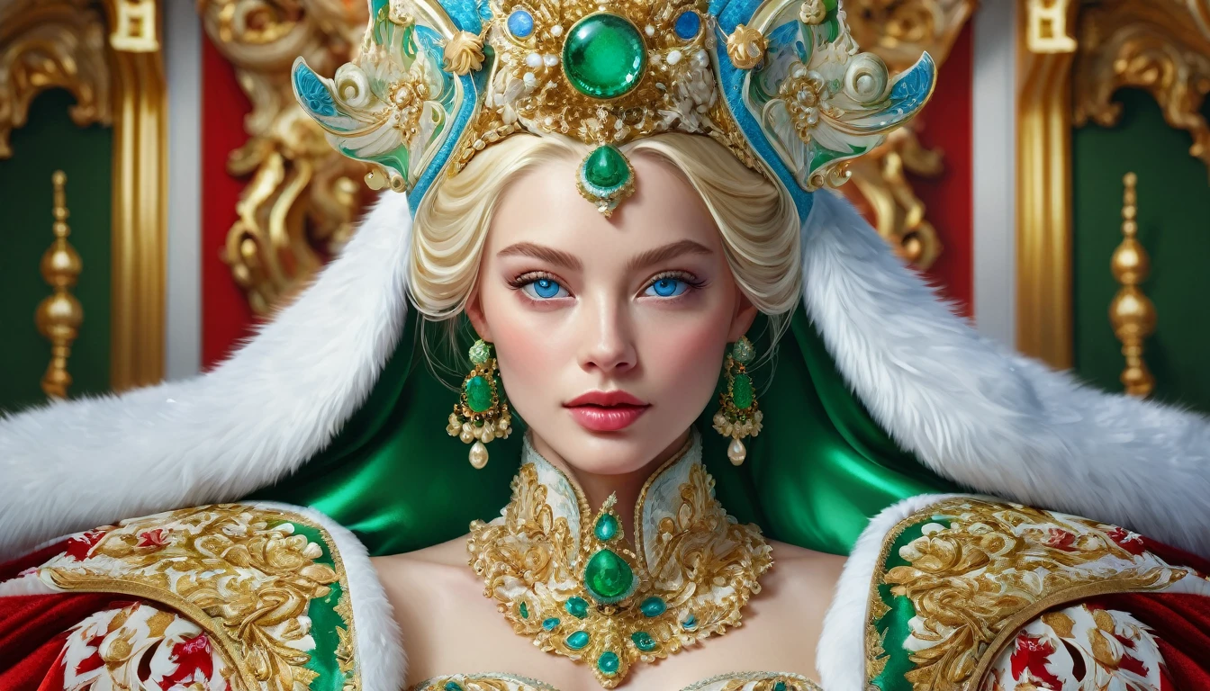 Portrait of a beautiful empress, Blonde, Perfect Blue Eyes, wonderful, An incredibly impressive large Christmas headpiece, Clothing Santa Robe, All about Christmas, snow, Symmetric, Dramatic studio lighting, Rococo, Baroque, green, Asian, Hyperrealism, close, is&is, Fantasy, Complex, elegant, Very detailed, Digital Painting, Art Station, Octane Rendering, 8k, Concept Art, mat, Sharp focus