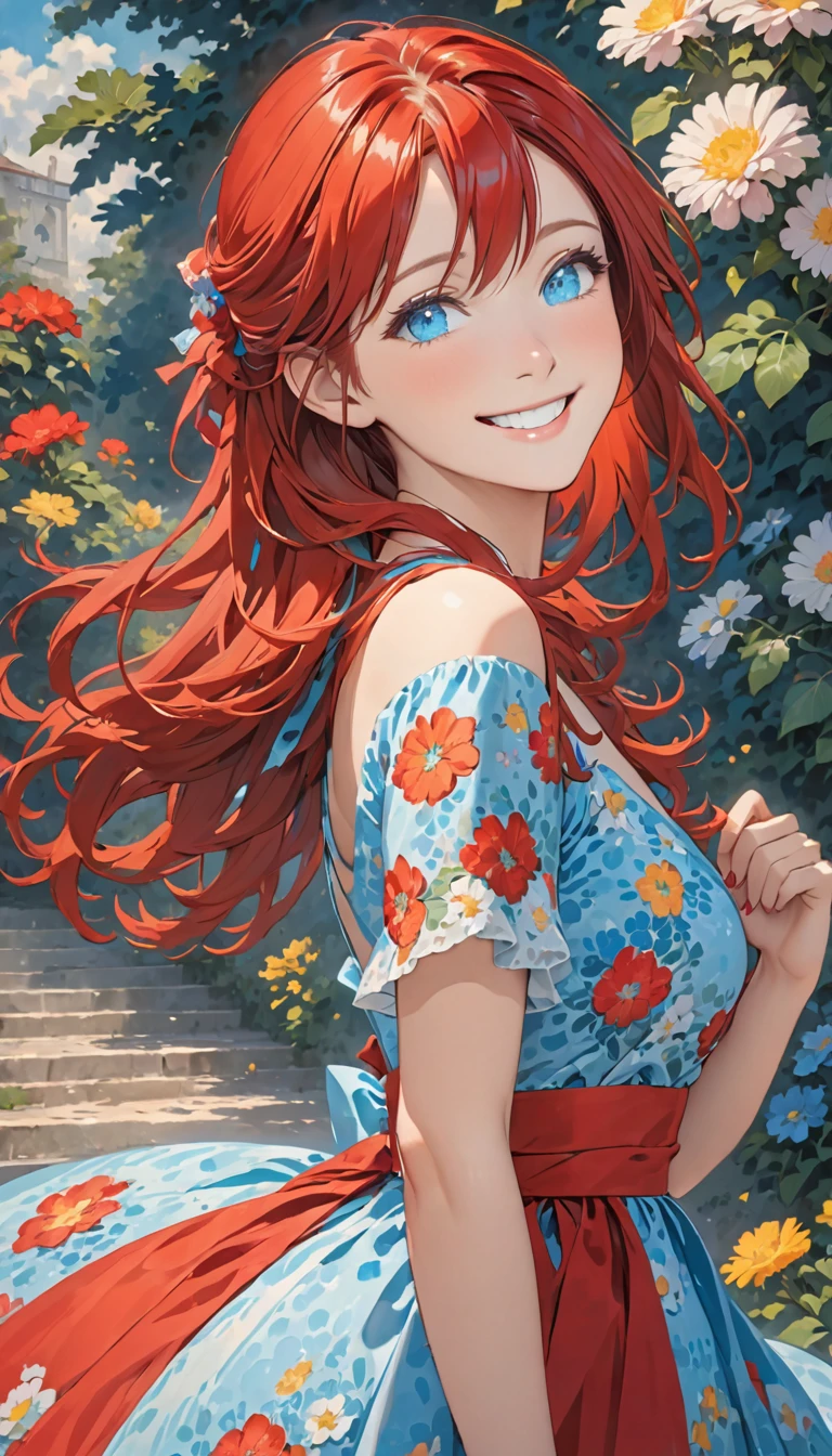 red hair , blue eyes, smile , dress red 