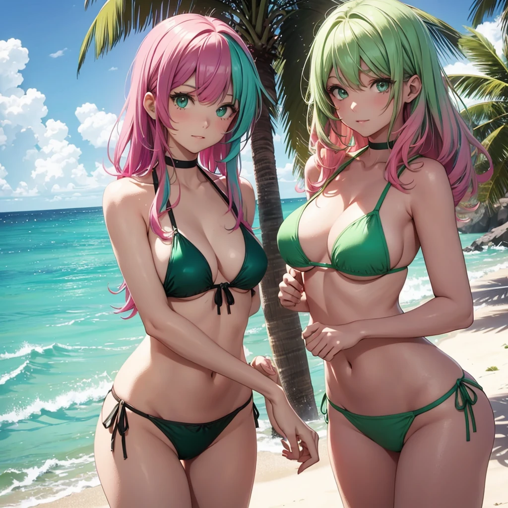 Green eyes bikini green and pink hair