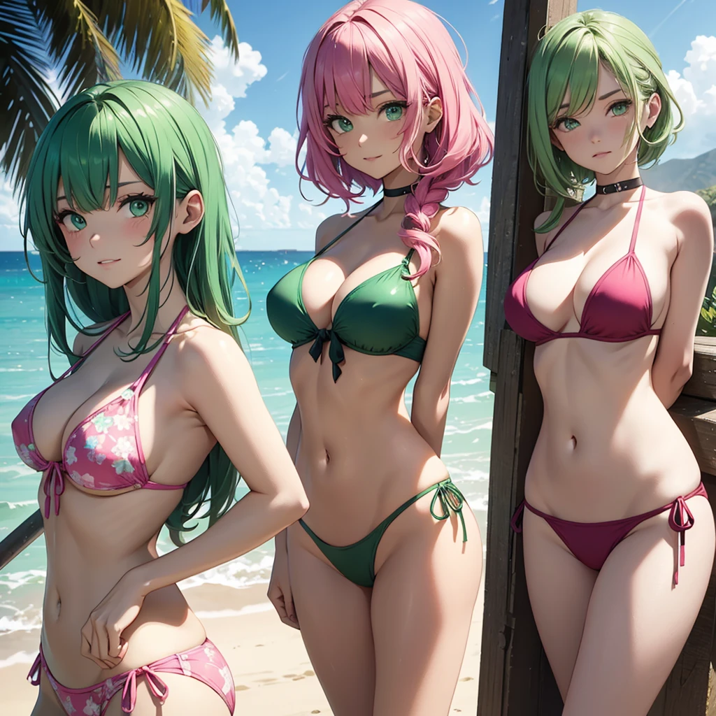 Green eyes bikini green and pink hair