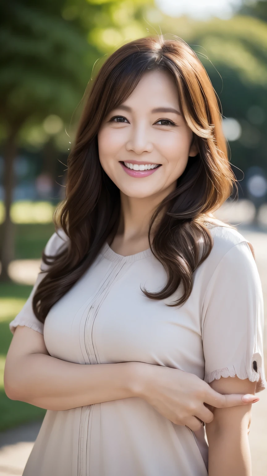 最high quality, In 8K, whole body, Real, Sharp focus, high quality, High resolution, Detailed face, Detailed eyes, Thick lips, (Look at the viewers), alone, Middle-aged women, , 60 years old, , Wavy Hair, , Wearing short sleeves, Standing in the park, Wrinkles around the eyes, Smiling with teeth showing