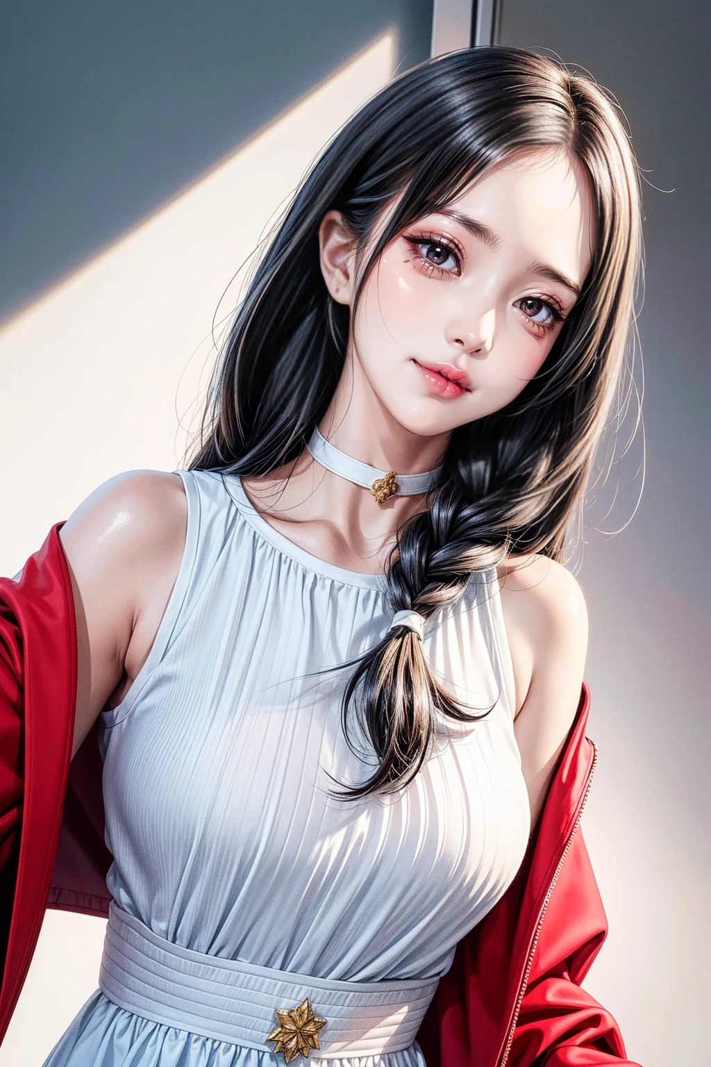 simple white background, ribbon_choker,clavicle, long_Sleeve, open_clothes, open_jacket, Red_jacket, White_shirt, forehead, Black color_eye, Black color_hair, blunt_forehead,long_hair,single braid, 1 girl, 20 years old,junior,beautiful Finger,beautiful long legs,beautiful body, beautiful Nose,beautiful character design, perfect eye, perfect face,expressive eye,perfect balance, looking at viewer,(Focus on her face),closed mouth, (chaste_big_eye:1.0),(light_laugh:1.0), official art,very detailed CG Unity 8k 벽지, perfect lighting,fancy, bright_front_face_lighting,White skin, (masterpiece:1.0),(best_quality:1.0), ultra high resolution,4K,very detailed, photography, 8k, HDR, mackerel, absurd:1.2, kodak Portra 400, film grain, blurred background, bokeh:1.2, lens flare, (vibrant_color:1.2),professional photography, (beautiful,크기가 big_chest:1.4), (beautiful_face:1.5),(small_waist),